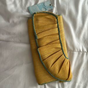 Golden Straw Clutch with Teal Border